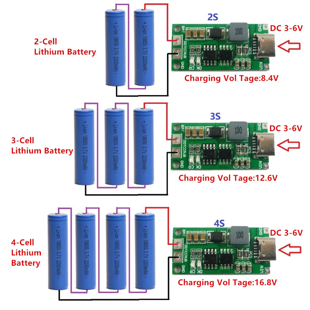 

18650 Lithium Battery Multi-Cell 2S 3S 4S Type-C To 8.4V 12.6V 16.8V Step-Up Boost LiPo Polymer Li-Ion Charger 7.4V 11.1V 14.8V