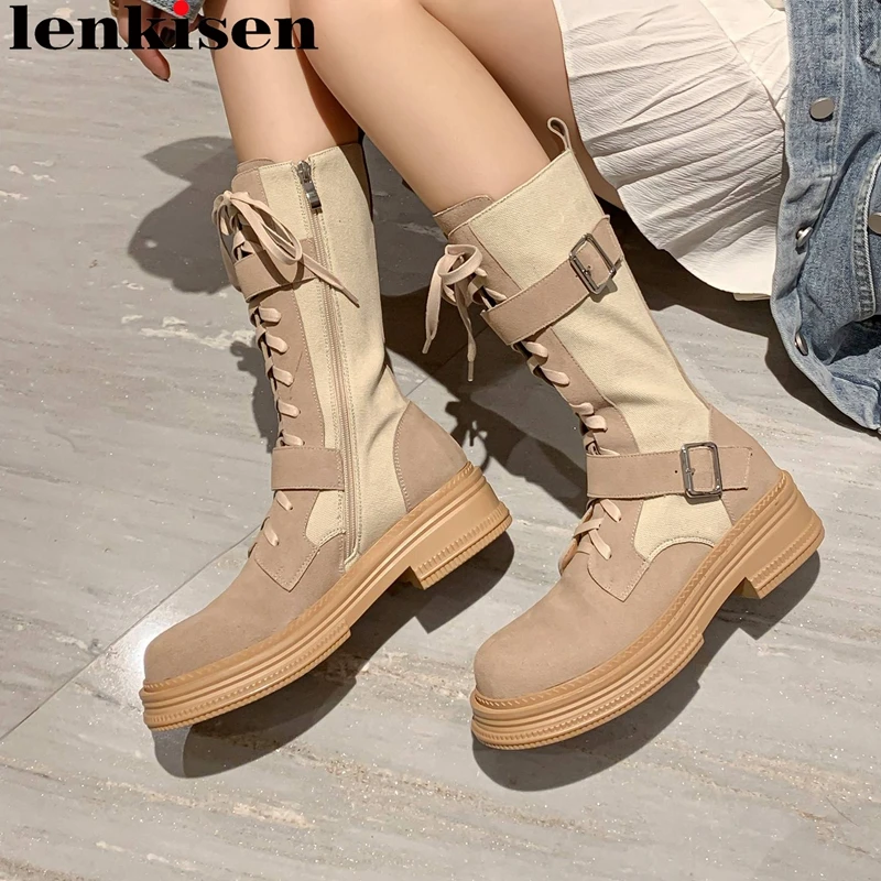 Зимние мотоциклетные ботинки Lenkisen из коровьей замши с круглым носком на среднем каблуке, повседневные Элегантные ботинки на платформе с металлической пряжкой и шнуровкой 
Зимние мотоциклетные ботинки Lenkisen из коровьей замши с круглым носком на среднем каблуке, повседневные Элегантные ботинки на платформе с металлической пряжкой и шнуровкой