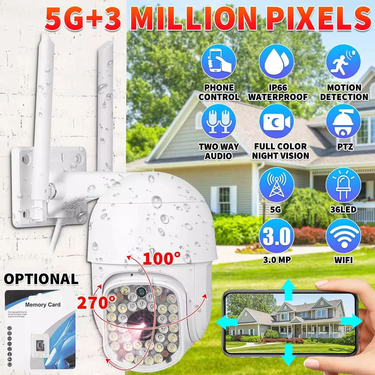 3MP PTZ WIFI IP Camera Audio CCTV Surveillance Outdoor 4X Digital Zoom Night Full Color Wireless Waterproof Security
3MP PTZ WIFI IP Camera Audio CCTV Surveillance Outdoor 4X Digital Zoom Night Full Color Wireless Waterproof Security