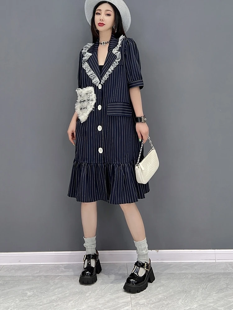 

SuperAen 2022 Summer New Fashion Casual Notched Stripe Straight Flounced Edge Knee-Length Dresses for Women