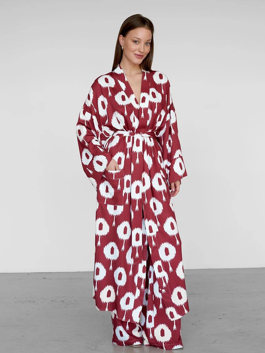 

Marthaqiqi Printing Female Nightgowns 2 Piece Suit Sexy V-Neck Bathrobe Lace Up Robe Long Sleeve Pajama Pants Winter Nightie Set