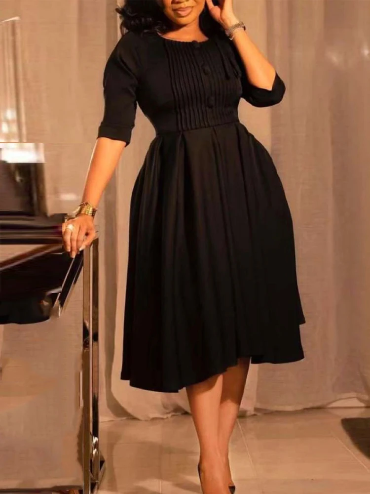 

Elegant A Line Dresses for Women 3/4 Sleeve O Neck Buttons Midi Skater Dress Modest Casual Office Business Wear Church Clothes