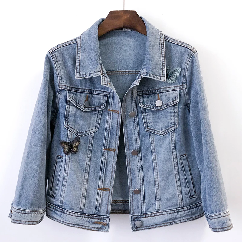 Vintage Blue Butterfly Denim Jacket Coat Women Slim Short Cowboy Outerwear Big Pocket Three Quarter Sleeve Jeans Jacket Female
Vintage Blue Butterfly Denim Jacket Coat Women Slim Short Cowboy Outerwear Big Pocket Three Quarter Sleeve Jeans Jacket Female