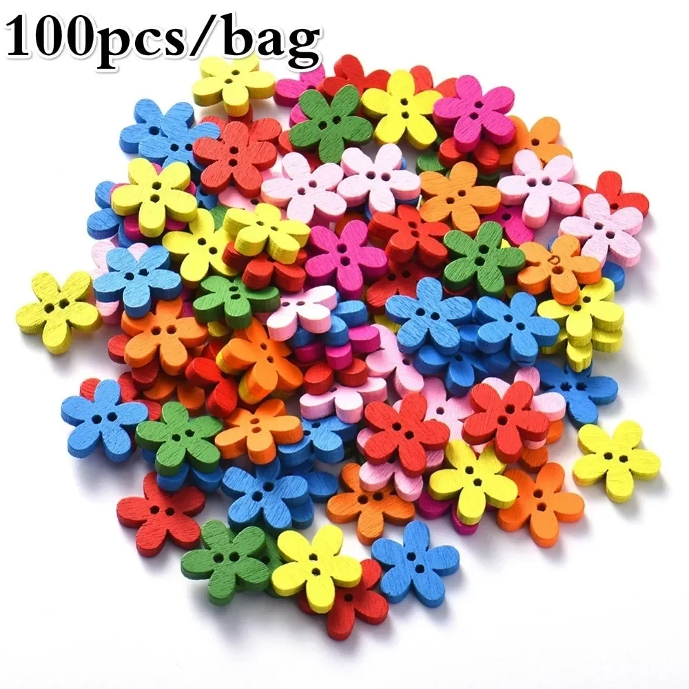 

100pcs 14x15mm 2-hole Mixed Flower Wooden Decorative Buttons Suitable for Sewing Clip Arts and Crafts Multicolor