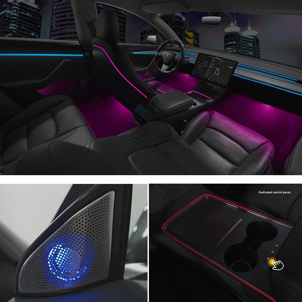 

Для Tesla Model3 модель Y 2021-2023 внутреннее пространство автомобиля светильник 64 цвета декоративная лампа сенсорное управление центральный столбик клаксон крышка