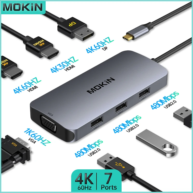 MOKiN 7 in 1 Docking Station - USB2.0, HDMI 4K60Hz, DP 4K60Hz, VGA 1K60Hz - for MacBook Air/Pro, iPad, Thunderbolt Laptop
MOKiN 7 in 1 Docking Station - USB2.0, HDMI 4K60Hz, DP 4K60Hz, VGA 1K60Hz - for MacBook Air/Pro, iPad, Thunderbolt Laptop