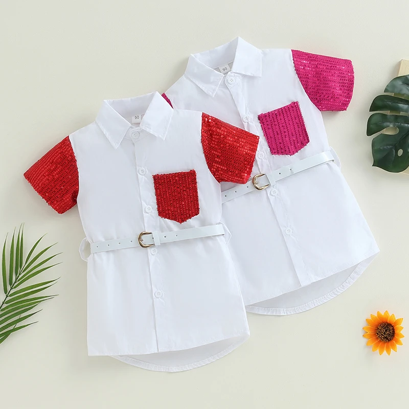 Kids Girls Shirt Dress Sequins Patchwork Turn-Down Collar Short Sleeve Dress Summer Casual Clothes Princess Dress with Belt 1-5Y
Kids Girls Shirt Dress Sequins Patchwork Turn-Down Collar Short Sleeve Dress Summer Casual Clothes Princess Dress with Belt 1-5Y
