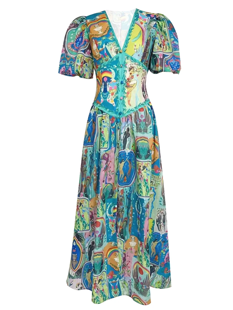 

SEQINYY Blue Casual Dress Summer Spring New Fashion Design Women Runway V-Neck Vintage Flower Cartoon Print A-Line Puff Sleeve