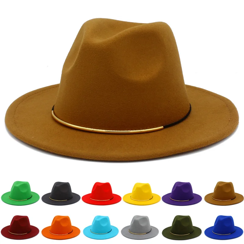 

Новые шляпы-федоры для женщин и мужчин, фетровые шляпы из искусственной шерсти, теплые золотистые ремни, лучшая джазовая шляпа, Дамская шапк...