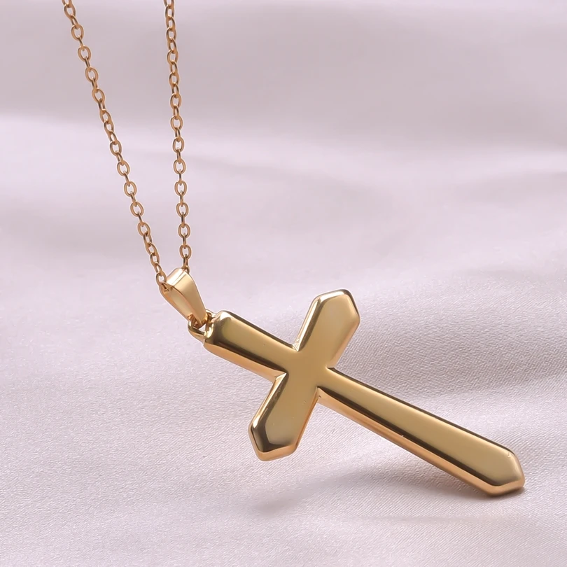 

Plain Gold Color Cross Necklace for Women Stainless Steel Pendant 50cm Long Chain Amulet Men's Choker Female Jewelry Gifts