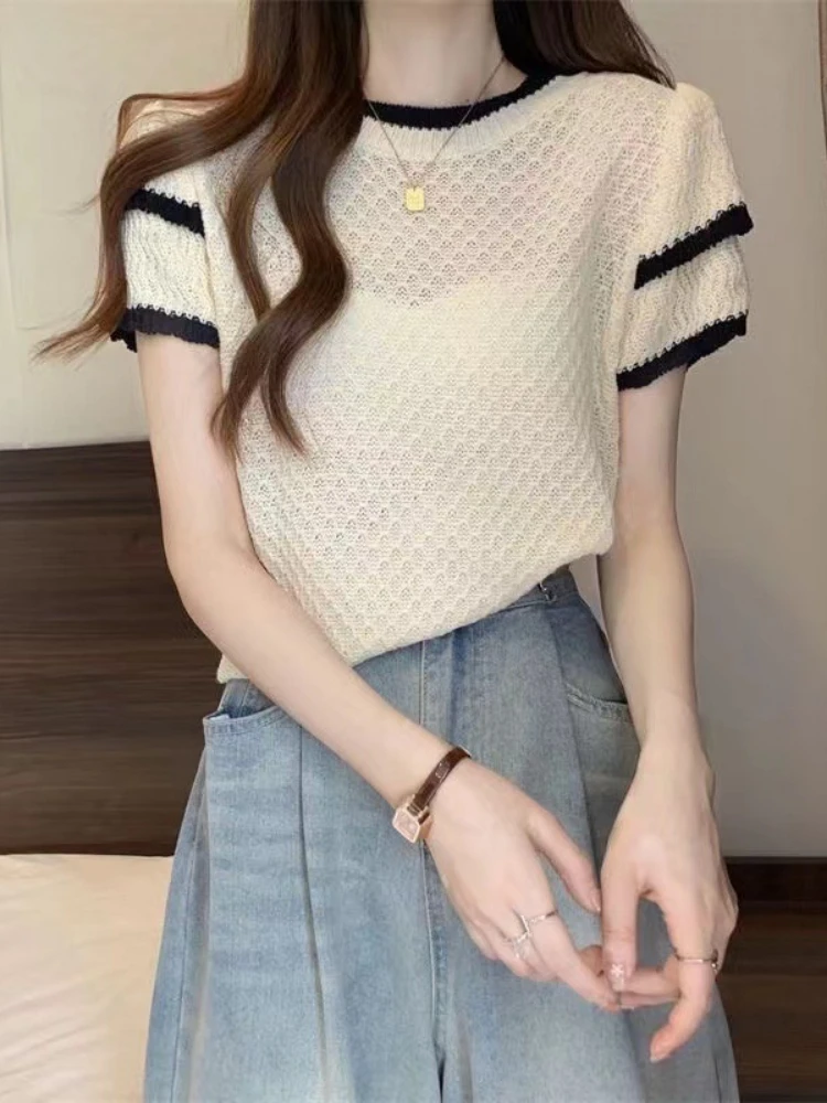 French style soft waxy color spinning short-sleeved round neck 2023 wavy pattern niche design knitting head fashion
French style soft waxy color spinning short-sleeved round neck 2023 wavy pattern niche design knitting head fashion