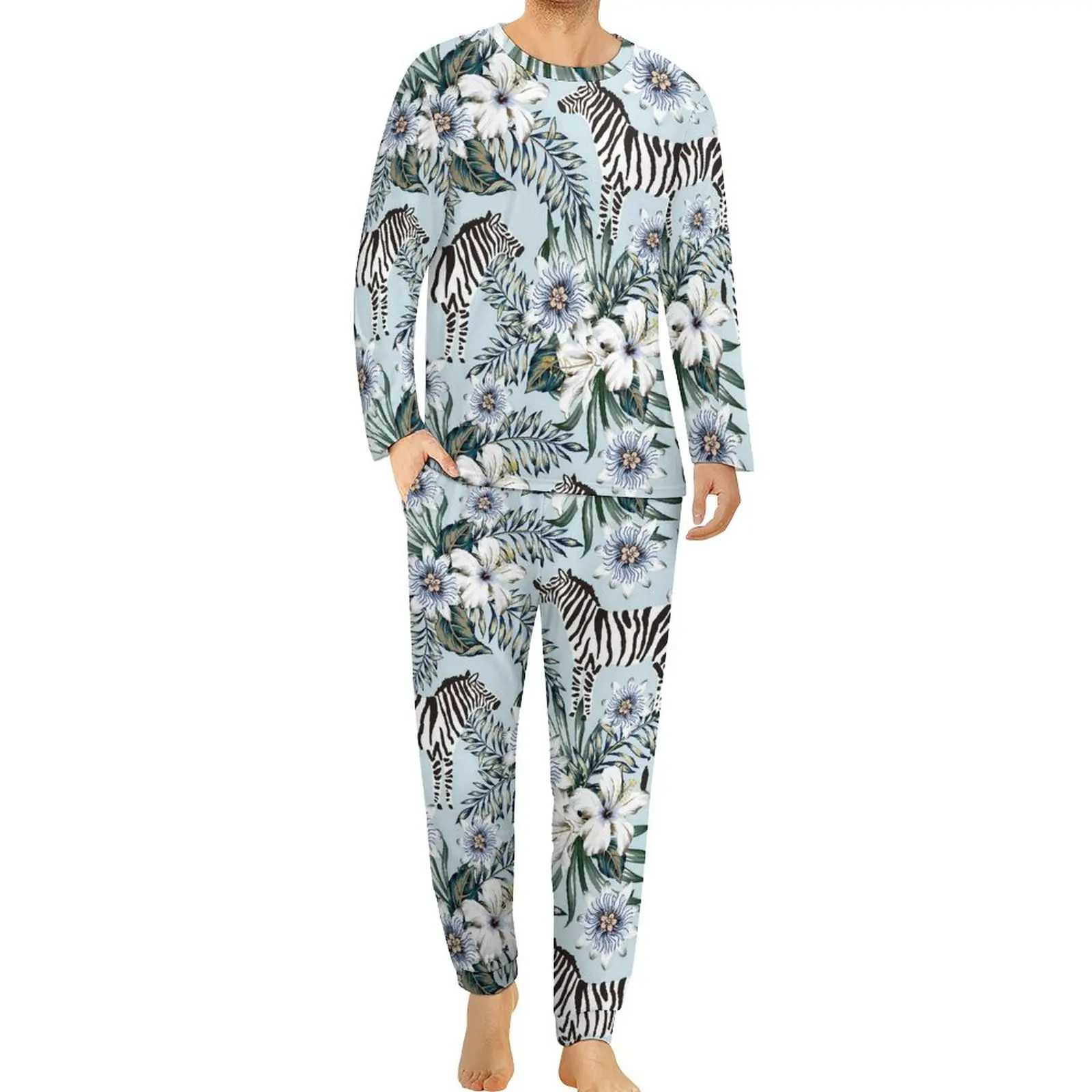 

Palm Leaves Pajamas Autumn Zebra And Floral Print Casual Sleepwear Man Two Piece Custom Long Sleeve Kawaii Big Size Pajama Sets