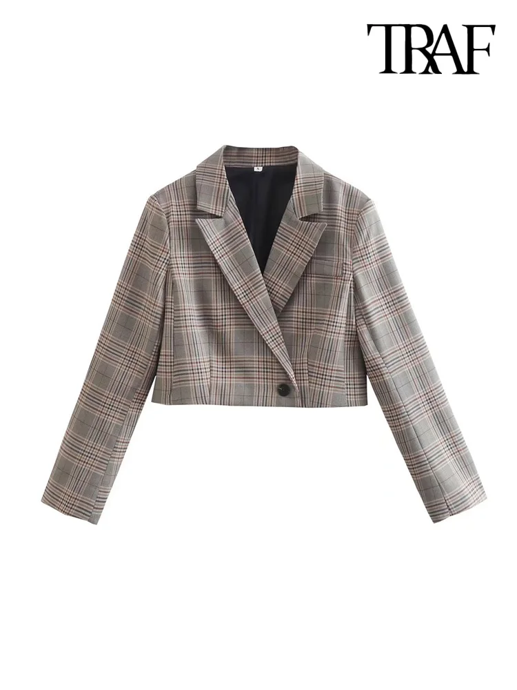 

TRAF Women Fashion Front Buttons Cropped Check Blazer Coat Vintage Notched Collar Long Sleeve Female Outerwear Chic Tops