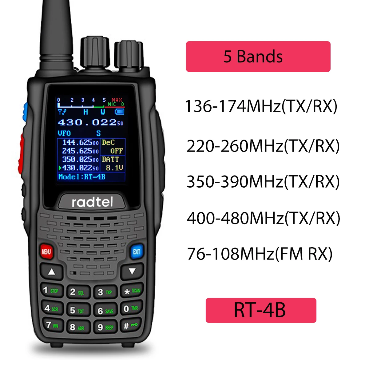 Radtel RT-4B 5 Bands Amateur Two Way Radio 200CH Ham Walkie Talkie VOX DTMF 2 Tone 5 Tone SOS Color LCD Police Scanner FM radio
Radtel RT-4B 5 Bands Amateur Two Way Radio 200CH Ham Walkie Talkie VOX DTMF 2 Tone 5 Tone SOS Color LCD Police Scanner FM radio