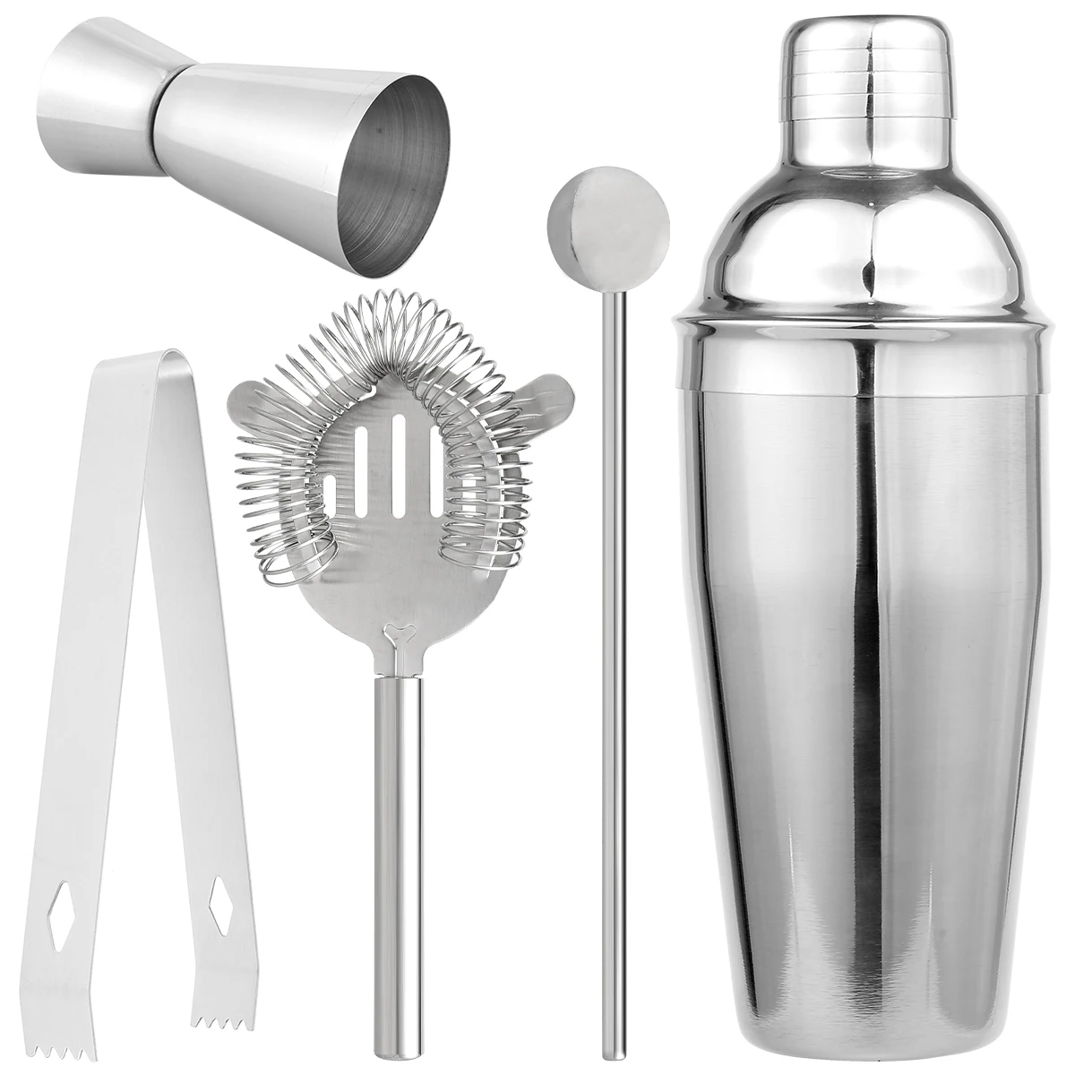5 pcs Cocktail Making Kit Stainless Steel Cocktail Measuring Cup Ice Filter Tongs Mixing Spoon Mixer Martini Cocktail Shaker Bar
5 pcs Cocktail Making Kit Stainless Steel Cocktail Measuring Cup Ice Filter Tongs Mixing Spoon Mixer Martini Cocktail Shaker Bar