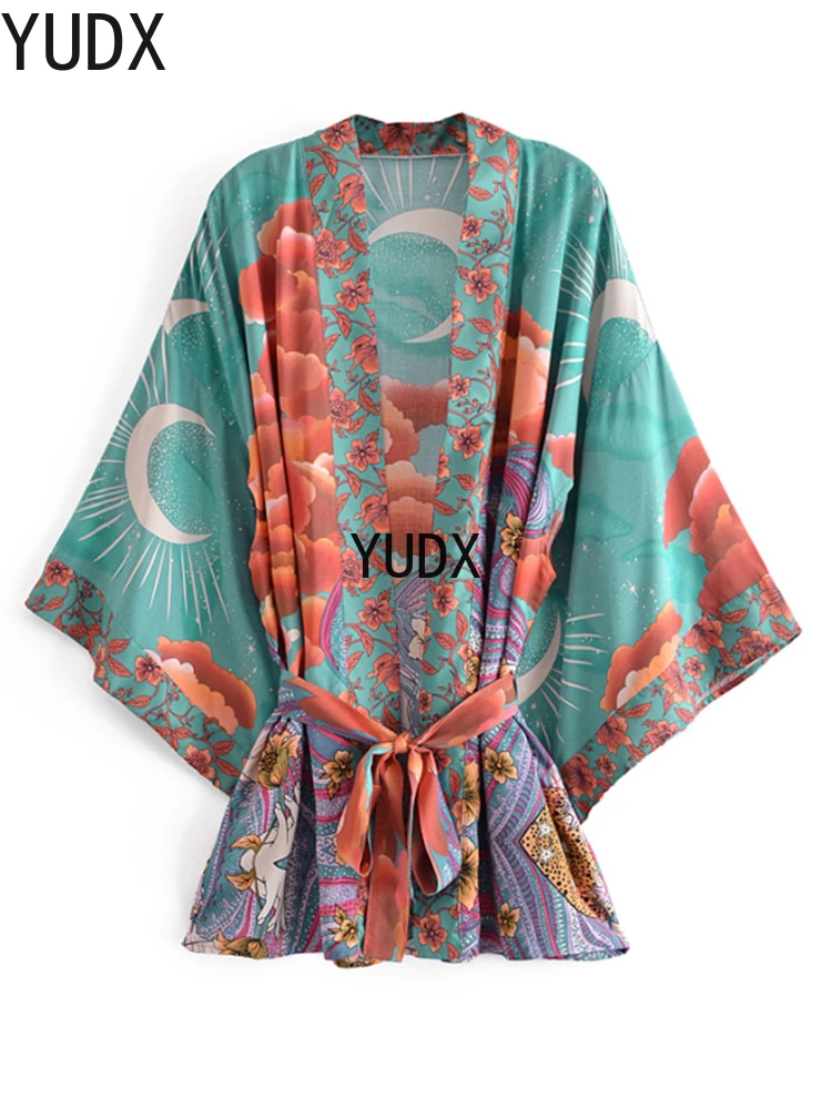 

Boho Vintage Star and Moon Floral Print Sashes Women Bohemian V Neck Batwing Sleeves Happie Short Robe Kimono Dress Cover-ups