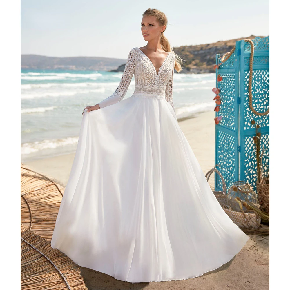 Beach Wedding Dress Long Sleeve Lace V-Neck Floor Length Chiffon A-Line Bridal Gowns With Charming For Women
Beach Wedding Dress Long Sleeve Lace V-Neck Floor Length Chiffon A-Line Bridal Gowns With Charming For Women