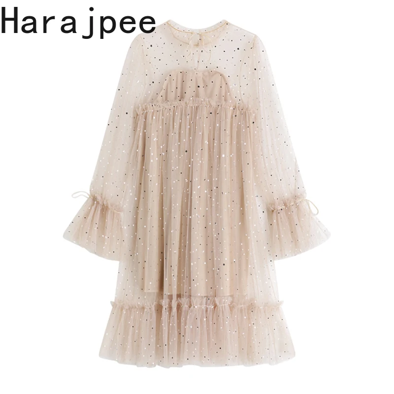 Harajpee Mesh Dress French Style Lace Patchwork Sequins High Waist Ribbon O-neck Flare Sleeve Big Swing Spring New Dresses 2022
Harajpee Mesh Dress French Style Lace Patchwork Sequins High Waist Ribbon O-neck Flare Sleeve Big Swing Spring New Dresses 2022