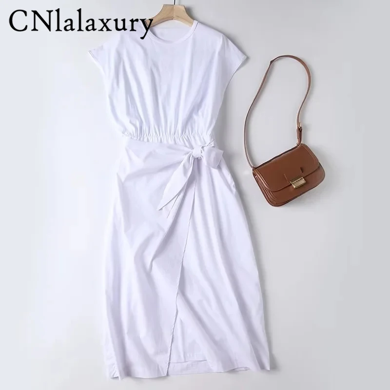 

CNlalaxury Summer Woman New White Slim Fit Waist Dress Long Sleeves Asymmetrical Midi Dresses Solid Color Casual Vestidos