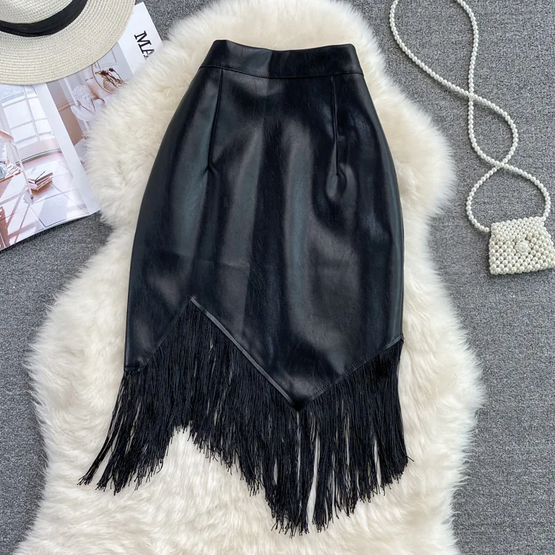 Fashion Sexy Women Skirts Solid Color High Waist Irregular PU Leather With Tassel Female Skirts Slim Simple All-Matched Skirts
Fashion Sexy Women Skirts Solid Color High Waist Irregular PU Leather With Tassel Female Skirts Slim Simple All-Matched Skirts