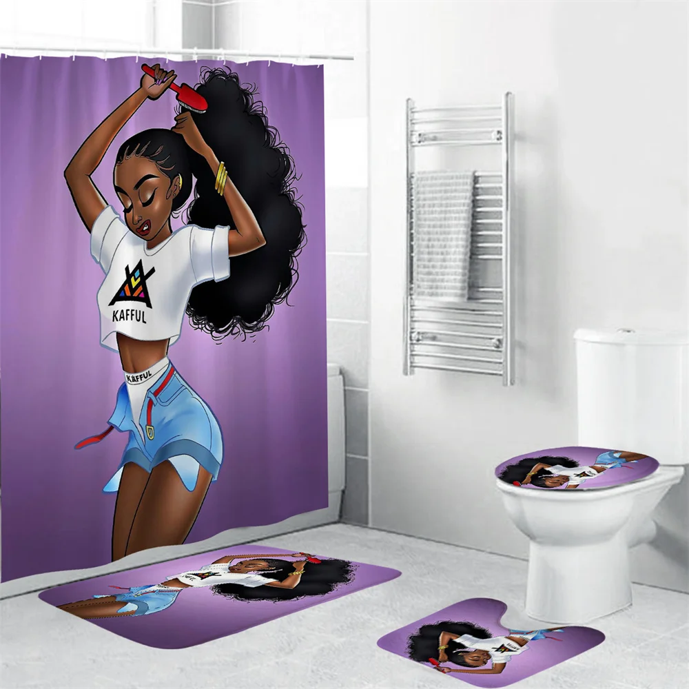 Waterproof African Girls Shower Curtain With Hooks Purple 4 Piece Bath Set Home Decor Anti-slip Floor Rug Toilet Cover Mat Set
Waterproof African Girls Shower Curtain With Hooks Purple 4 Piece Bath Set Home Decor Anti-slip Floor Rug Toilet Cover Mat Set