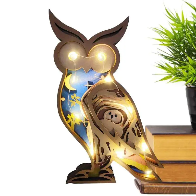 

Wooden Animal Crafts Decor Wooden Farmhouse Wall Owl Statues With Light Carving Rustic Wall Art 3D Forest Animals Statues Home