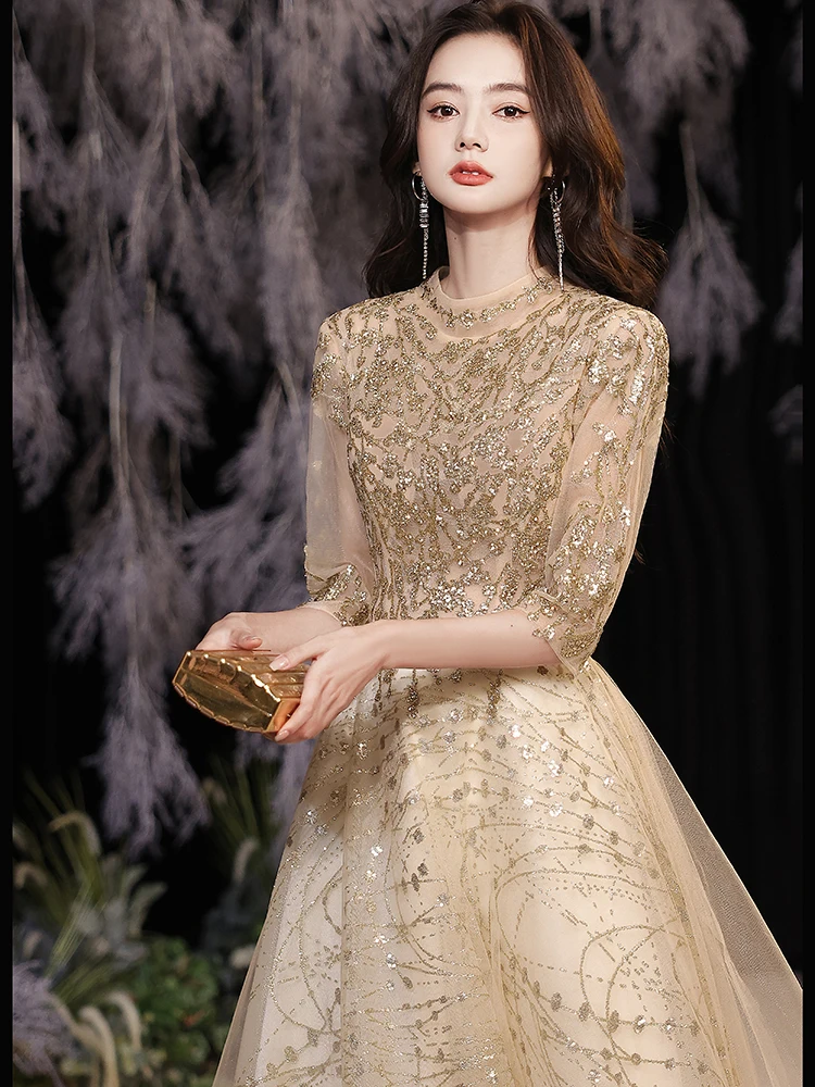 Luxurious Gold Evening Dress Shining Applique Sequin Crew Neck Half Sleeve Long Cocktail Prom Gown Vestidos De Noche
Luxurious Gold Evening Dress Shining Applique Sequin Crew Neck Half Sleeve Long Cocktail Prom Gown Vestidos De Noche