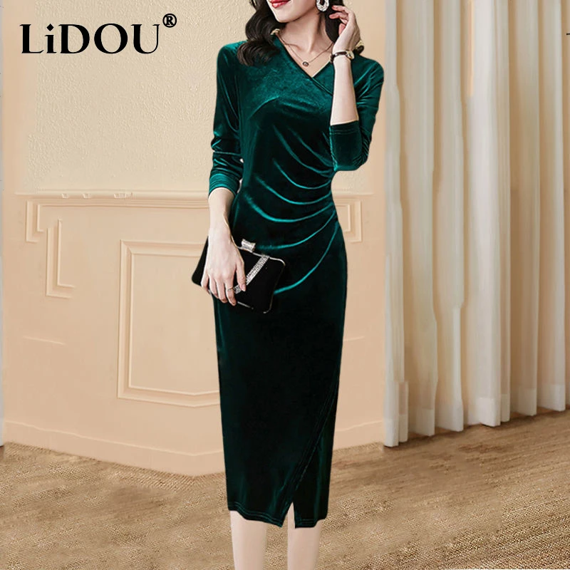 Autumn Winter V-neck Elegant Fashion Velvet Folds Bodycon Dress Ladies High Waist Slim Evening Dresses Temperament Robe Vestido
Autumn Winter V-neck Elegant Fashion Velvet Folds Bodycon Dress Ladies High Waist Slim Evening Dresses Temperament Robe Vestido