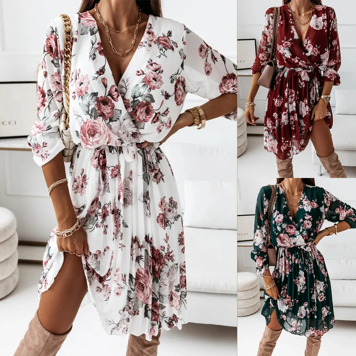 New Women Autumn Dress Fashion Printed Flowers Chiffon Dress Sexy V-neck Long Sleeves Dress For Ladies Drop Shipping
New Women Autumn Dress Fashion Printed Flowers Chiffon Dress Sexy V-neck Long Sleeves Dress For Ladies Drop Shipping