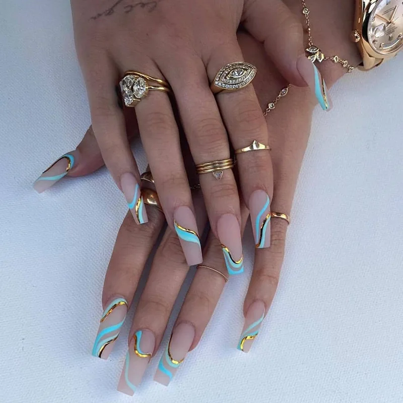 24Pcs Gold Thread Blue Wave Pattern Long Ballet Press on Nail Art Frosted Fake Nails Matte Contrast Color Wearing False Nails
24Pcs Gold Thread Blue Wave Pattern Long Ballet Press on Nail Art Frosted Fake Nails Matte Contrast Color Wearing False Nails