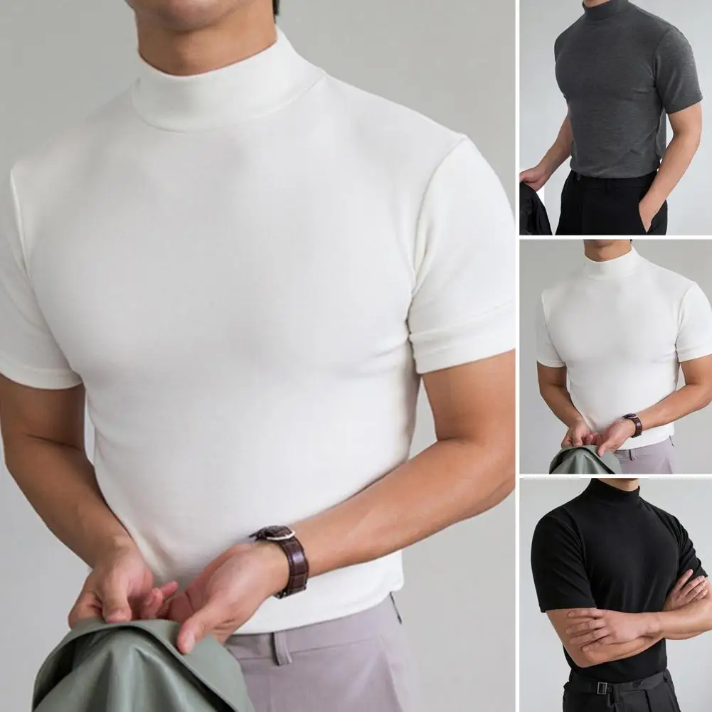 

Men Base Top Soft Breathable Anti-pilling Friendly To Skin Simple Half High Collar Solid Color Basic T-shirt Daily Clothes