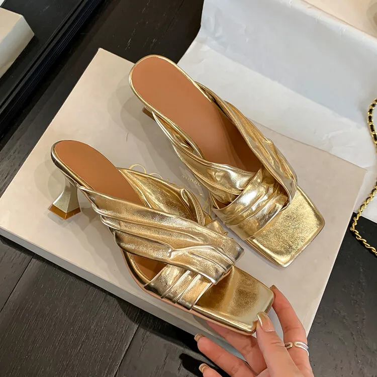 French Design Women Slippers Square Toe Pleated Cross Strap Summer Shoes Party Pumps Silver Lady High Heels Slides Femmes
French Design Women Slippers Square Toe Pleated Cross Strap Summer Shoes Party Pumps Silver Lady High Heels Slides Femmes