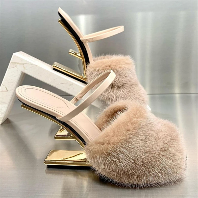 

Fashion Women Fur Slippers Sexy Peep Toe Gladiator Sandals Dress Pumps Summer Letter Strange Heel Mules High Heel Wedge Shoes