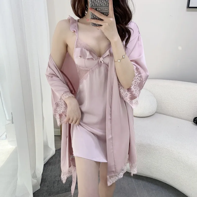 Pajamas for Women 2022 Newest Spring and Summer Lace Ribbon Nightgown with Chest Pad Slip Nightdress Suit Lounge Wear Set
Pajamas for Women 2022 Newest Spring and Summer Lace Ribbon Nightgown with Chest Pad Slip Nightdress Suit Lounge Wear Set