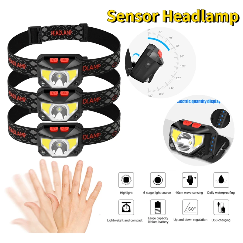 Sensor Headlamp XPG+COB LED Head Lamp Flashlight USB Rechargeable Head Torch 6 Lighting Modes Head Light with Built-in Battery
Sensor Headlamp XPG+COB LED Head Lamp Flashlight USB Rechargeable Head Torch 6 Lighting Modes Head Light with Built-in Battery