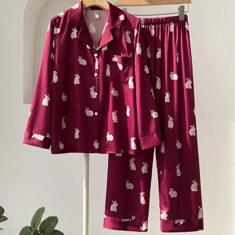

Новогодняя Пижама 2023, пижама с принтом кролика, комплект для сна из 2 предметов с брюками, атласная пижама с лацканами, ночная сорочка на пуговицах, домашняя одежда