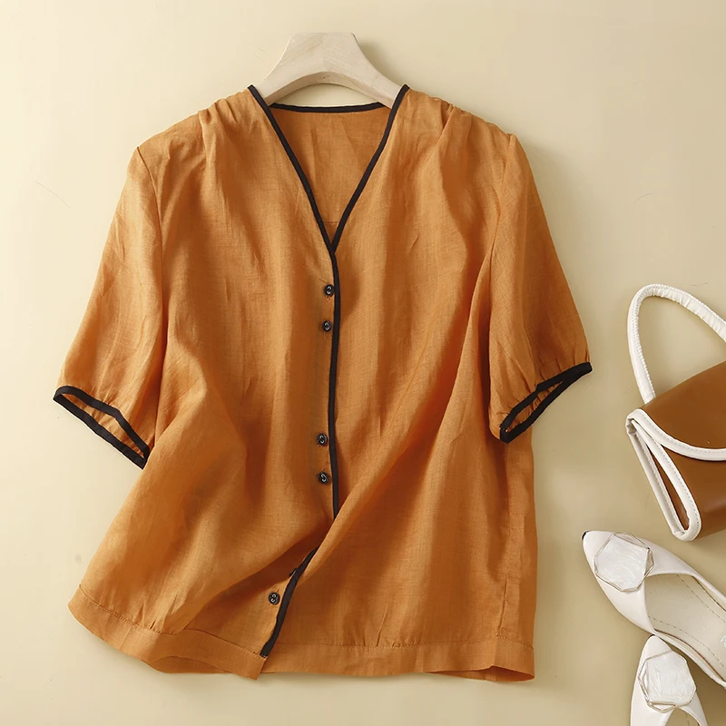 2022 Summer New Literary Cotton Linen Color Matching Shirt Women's Versatile Loose V-neck Shirt
2022 Summer New Literary Cotton Linen Color Matching Shirt Women's Versatile Loose V-neck Shirt