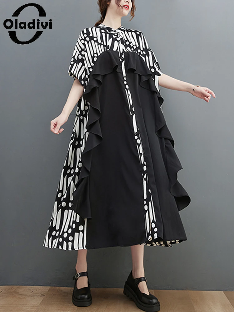 

Oladivi Fashion Print Women Big Size Ruffle Dress Summer 2022 New Oversized Casual Dresses Female Vestidios Robe Femme 3282 7XL