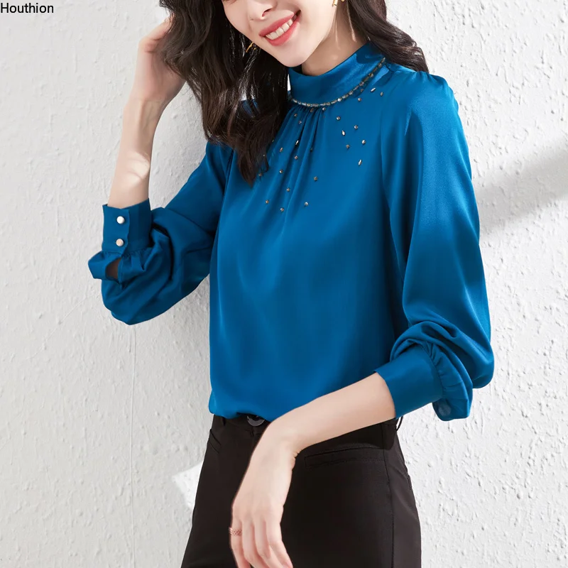 Summer Women's Blouses Long Sleeve Top Half High Collar Solid Color Shirt Hot Drilling Fashion Casual New Female Clothes
Summer Women's Blouses Long Sleeve Top Half High Collar Solid Color Shirt Hot Drilling Fashion Casual New Female Clothes
