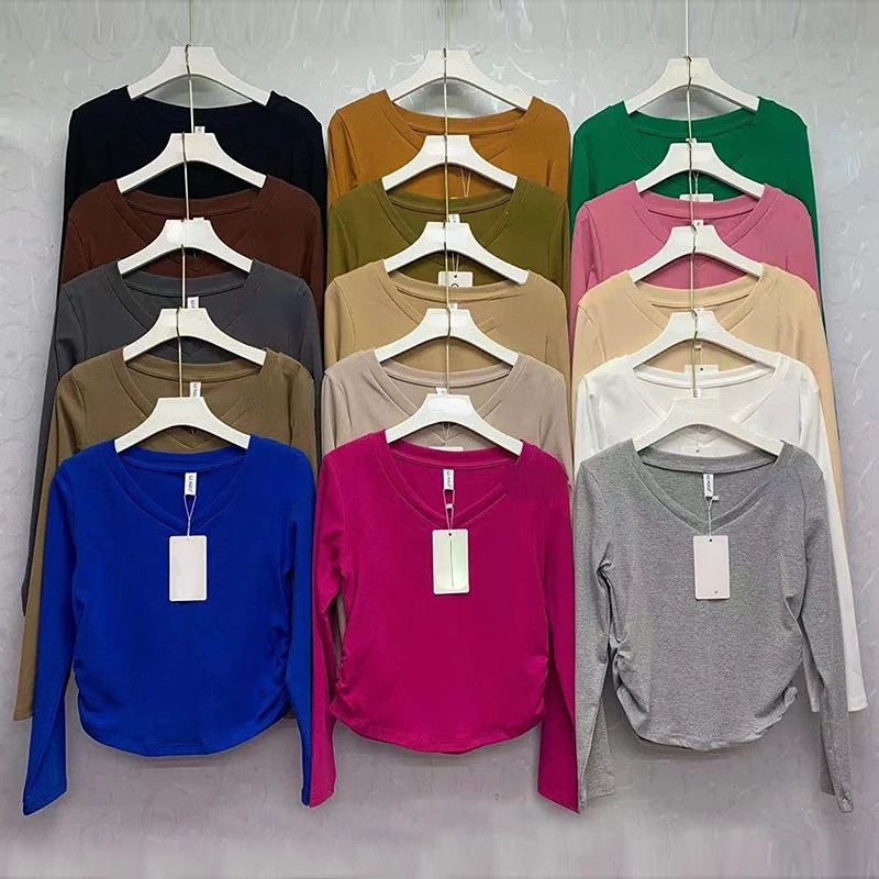 

Y2K Basics T-shirt Woman Korean Fashion V Neck Long Sleeve T-shirts Female Solid Color Loose Casual Top Sweet Tees Dropshipping