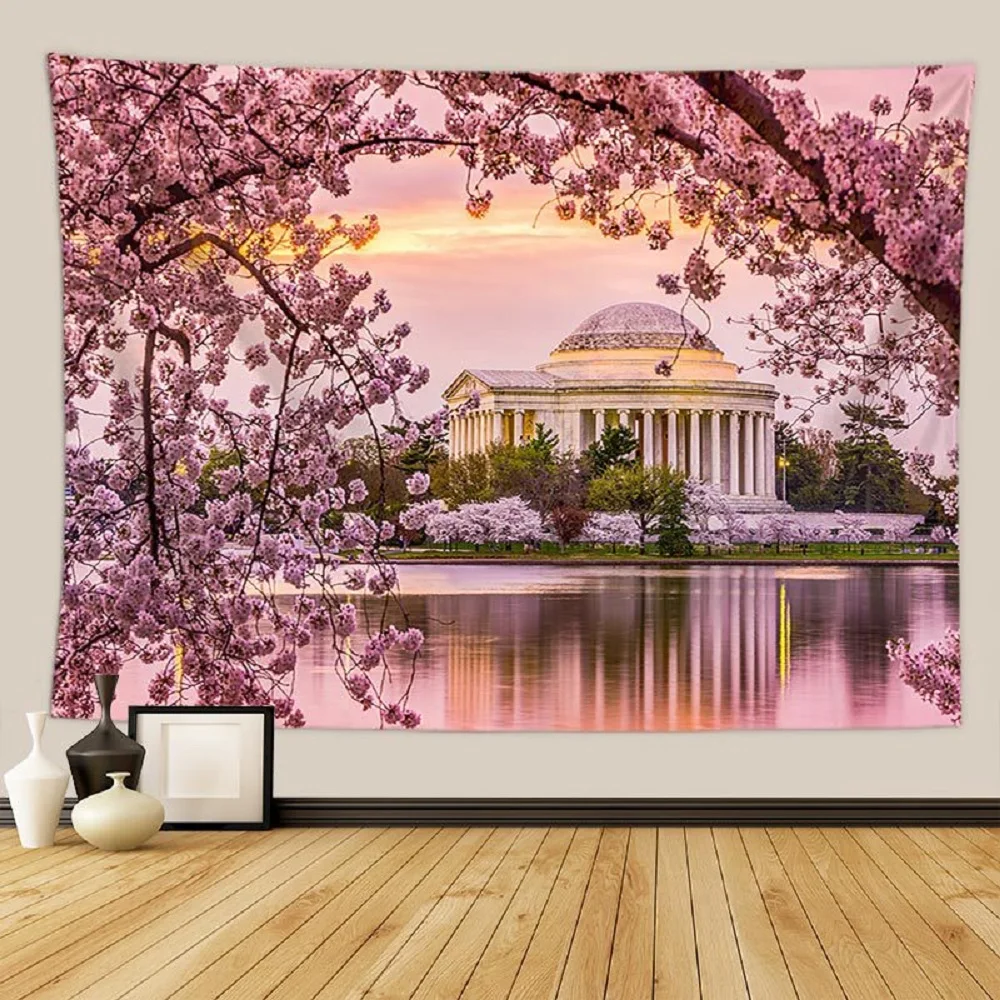 

Japanese Cherry Tapestry Sakura Blossom Temple Mount Fuji Pink Landscape Tapestries Wall Hanging Bedroom Living Room Dorm Decor