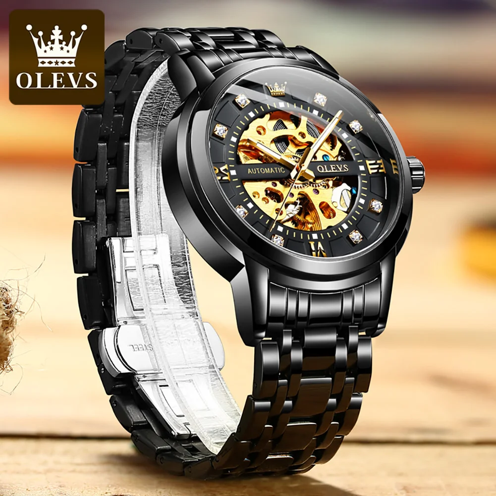 

OLEVS Skeleton Watch Men Waterproof Luminous Casual Automatic Mechanical Watche Sports Men Black Steel Wristwatch Reloj Hombre