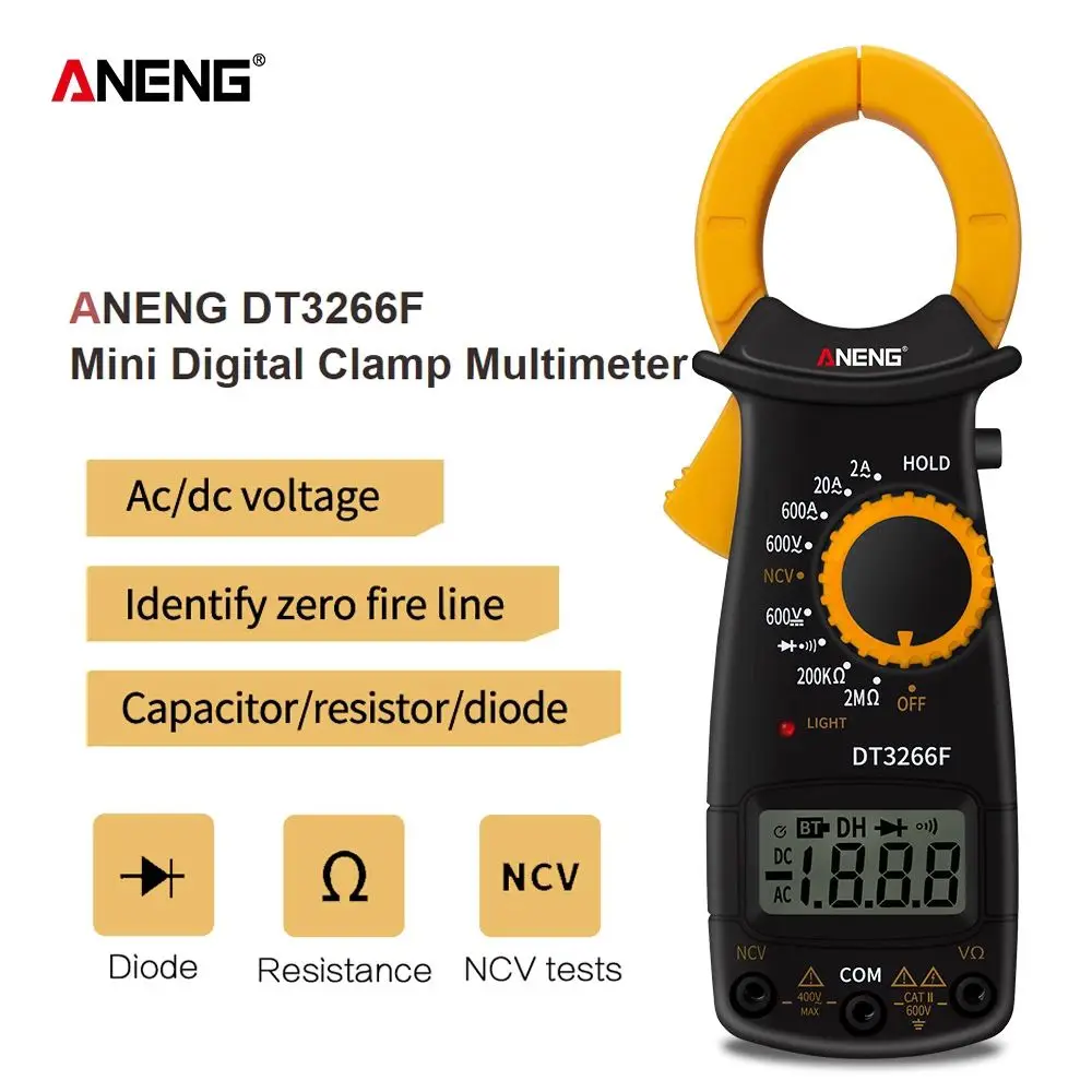 ANENG DT3266F Mini Digital Multimeter Ampere Electrical Clamp Meter AC / DC Voltage NCV Resistance Diode Tester with Buzzer
ANENG DT3266F Mini Digital Multimeter Ampere Electrical Clamp Meter AC / DC Voltage NCV Resistance Diode Tester with Buzzer