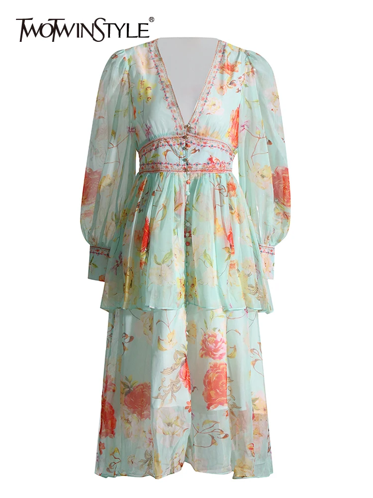 TWOTWINSTYLE Casual Printing Dresses For Women V Neck Lantern Sleeve High Waist Patchwork Folds Dress Female Fashion Clothing
TWOTWINSTYLE Casual Printing Dresses For Women V Neck Lantern Sleeve High Waist Patchwork Folds Dress Female Fashion Clothing