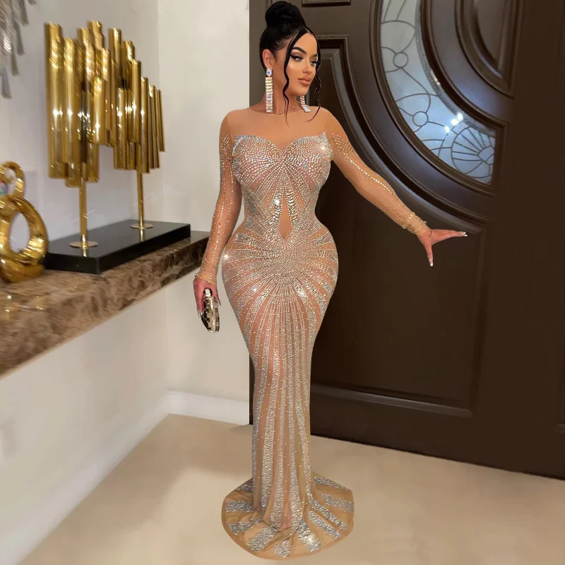 Fashion Luxury Sheer Mesh Geometric Crystal Maxi Gowns Beautiful Hollow Out Sequins Party Dress Sexy Clubwear Christmas Outfits
Fashion Luxury Sheer Mesh Geometric Crystal Maxi Gowns Beautiful Hollow Out Sequins Party Dress Sexy Clubwear Christmas Outfits