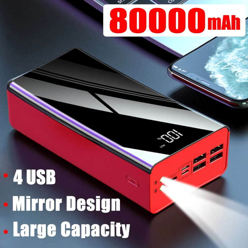 Fast Charging Power Bank 4USB Portable 80000mAh Charger Mirror Digital Display External Battery Pack 2LED For iPhone Xiaomi
Fast Charging Power Bank 4USB Portable 80000mAh Charger Mirror Digital Display External Battery Pack 2LED For iPhone Xiaomi