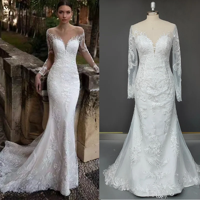 11527#100% Real Photos Mermaid Illusion V-Neck Lace Applique Long Sleeve Sweep Train Wedding Dress Wedding Gown Bridal Gown
11527#100% Real Photos Mermaid Illusion V-Neck Lace Applique Long Sleeve Sweep Train Wedding Dress Wedding Gown Bridal Gown
