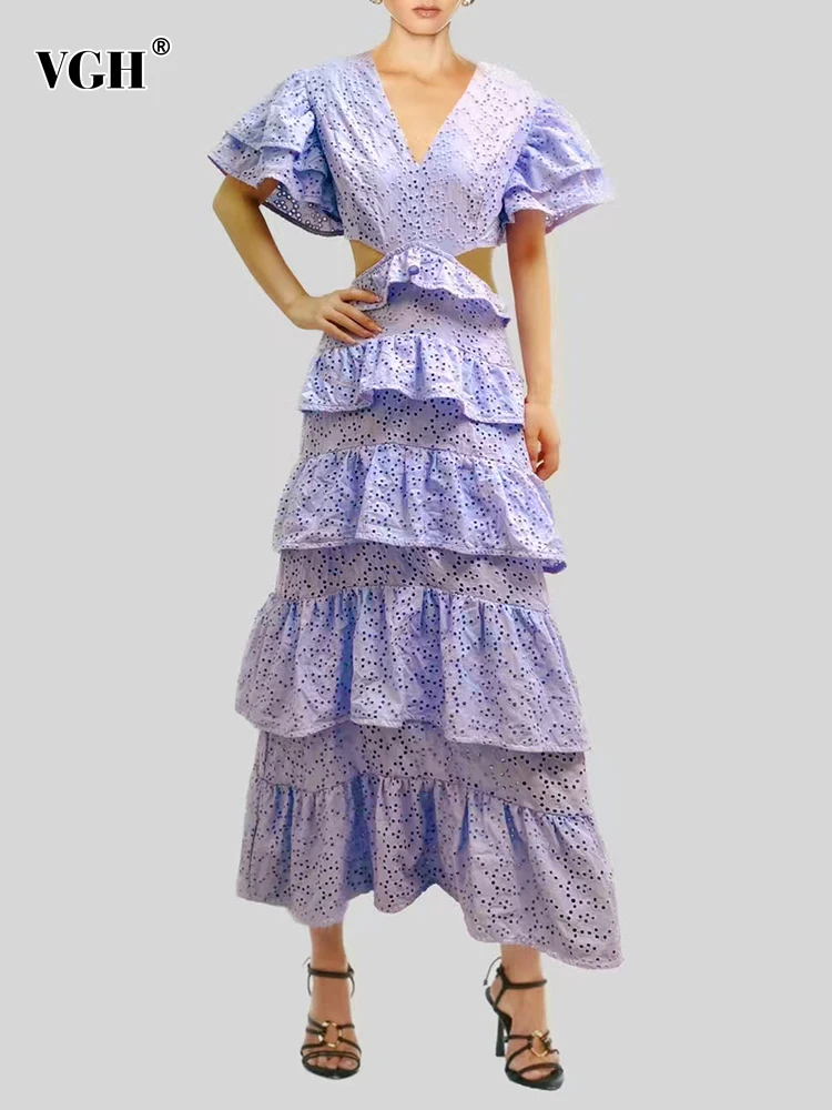 VGH Hollow Out Casual Dresses For Women V Neck Puff Sleeve High Waist Patchwork Ruffles Folds Slim Dress Female Fashion New 2023
VGH Hollow Out Casual Dresses For Women V Neck Puff Sleeve High Waist Patchwork Ruffles Folds Slim Dress Female Fashion New 2023