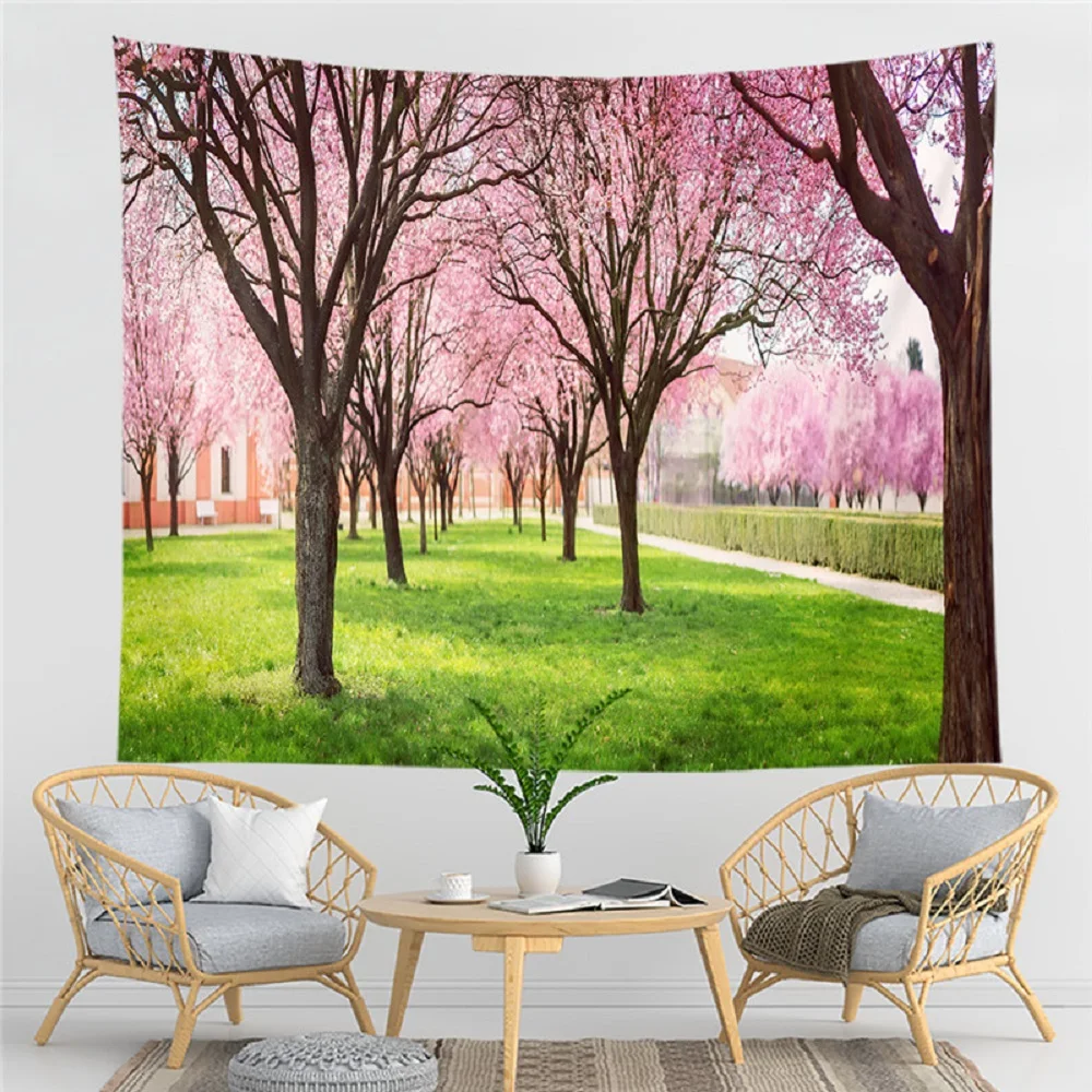 

Sakura Tapestry Pink Cherry Blossoms Tree Spring Sunset Nature Scenery Tapestries Bedroom Living Room Home Decor Wall Hanging