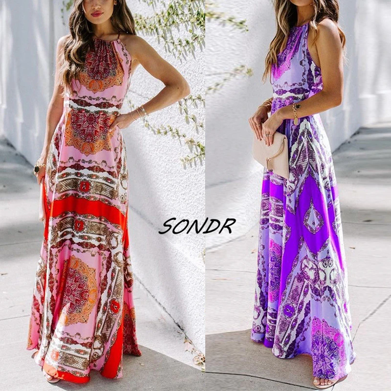 Женское богемное Платье макси с лямкой на шее и принтом 
Женское богемное Платье макси с лямкой на шее и принтом